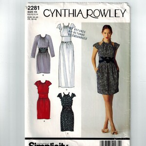 May include: A sewing pattern for four different dresses. The pattern is for sizes 6, 8, 10, 12, and 14. The pattern is by Cynthia Rowley and is from Simplicity. The pattern includes a long white dress, a short black and white polka dot dress, a short red dress, and a long grey dress.