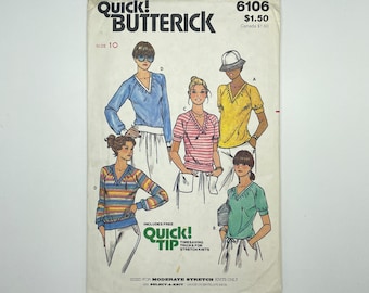 May include: A vintage sewing pattern for a women's top, featuring four different styles. The pattern is from Quick & Easy Butterick, size 10, and includes instructions for making tops from stretch knit fabric. The pattern is titled "Quick! Tip" and includes timesaving tricks for stretch knits.