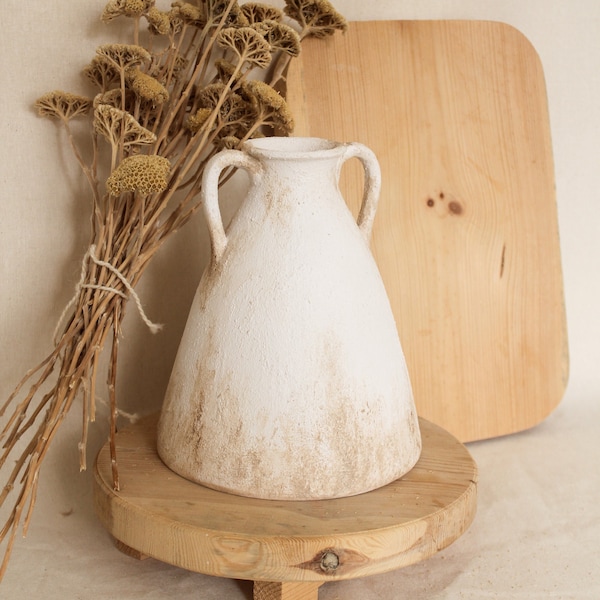 Nordic Style Textured Vase, White Handle Ceramic Vase, Vintage-Style Vase for Dried Flowers, Boho Style Ceramic, Housewarming Gift