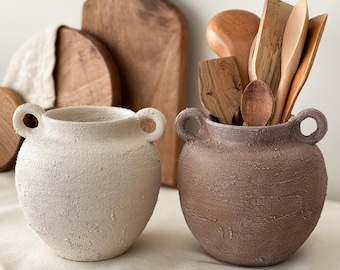 Ceramic Utensil Holder, Handcrafted Textured Kitchen Crock, Rustic Vase for Kitchen Decor