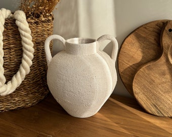 White Textured Ceramic Vase for Flowers Distressed Rustic Vase Handmade Round Ceramic Vase Farmhouse Decor Housewarming Gift Ceramic Vessel