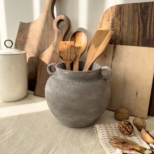 Gray Rustic Utensil Holder, Textured Handle Ceramic Vase, Kitchen Crock, Nordic Style Vase, Housewarming Gift, Antiquing Kitchen Organizer