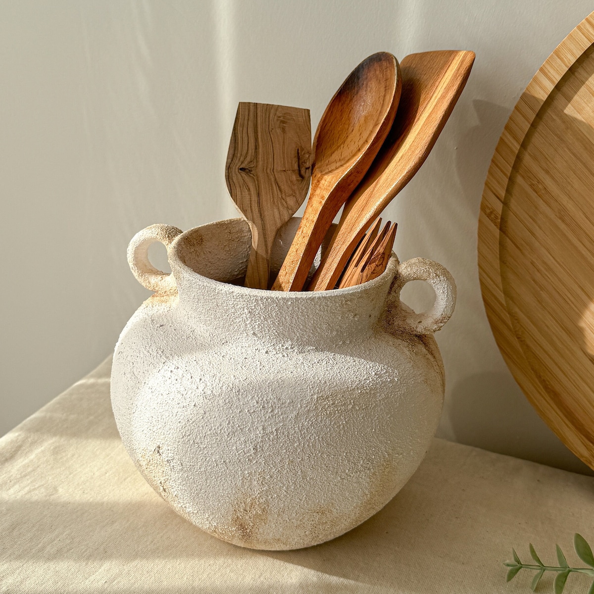 Rustic Kitchen Utensil Holder, White Textured Ceramic Vase, Handled Kitchen Crock, Spoon Holder, Pottery Vase, New Home Gift - Etsy