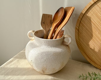 Rustic Kitchen Utensil Holder, White Textured Ceramic Vase, Handled Kitchen Crock, Spoon Holder, Pottery Vase, New Home Gift