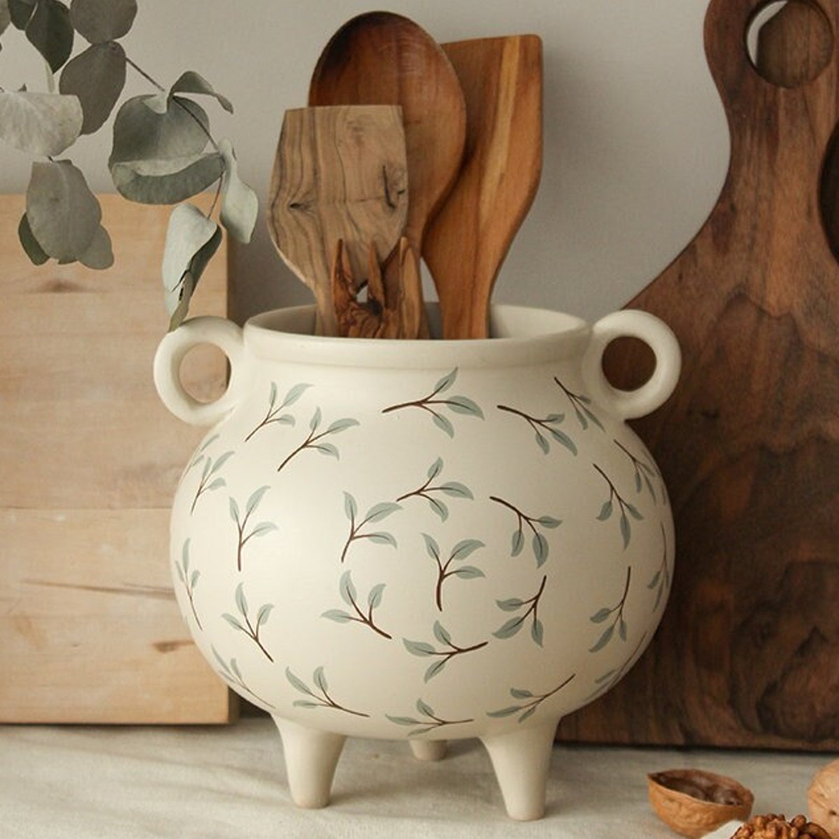 Handpainted Green Flower Utensil Holder for Kitchen Decor, Ceramic Kitchen Utensil Organizer Crock Floral Ceramic Vase, Housewarming Gift - Etsy