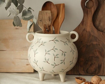 Handpainted Green Flower Utensil Holder for Kitchen Decor, Ceramic Kitchen Utensil Organizer Crock Floral Ceramic Vase, Housewarming Gift