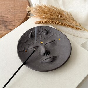 Stonware ceramic gray incense holder / stick incense burner. 
Meditation/ yoga supplies. Face sculpt demonic
