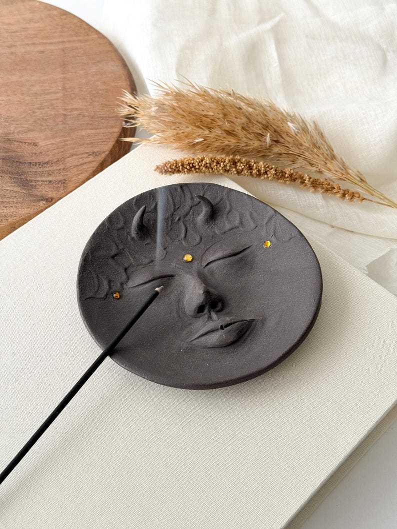 Stonware ceramic gray incense holder / stick incense burner. 
Meditation/ yoga supplies. Face sculpt demonic