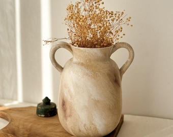 Rustic Tall Ceramic Vase - Beige Pottery Flower Vase with Handles, Vintage Handmade Home Decor