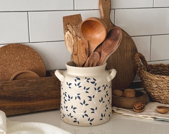 Floral Pattern Utensil Holder, Blue Leaf Ceramic Vase, Handmade Ceramic Crock, Flower Vase for Livingroom Decor, Kitchen Utensil Organizer