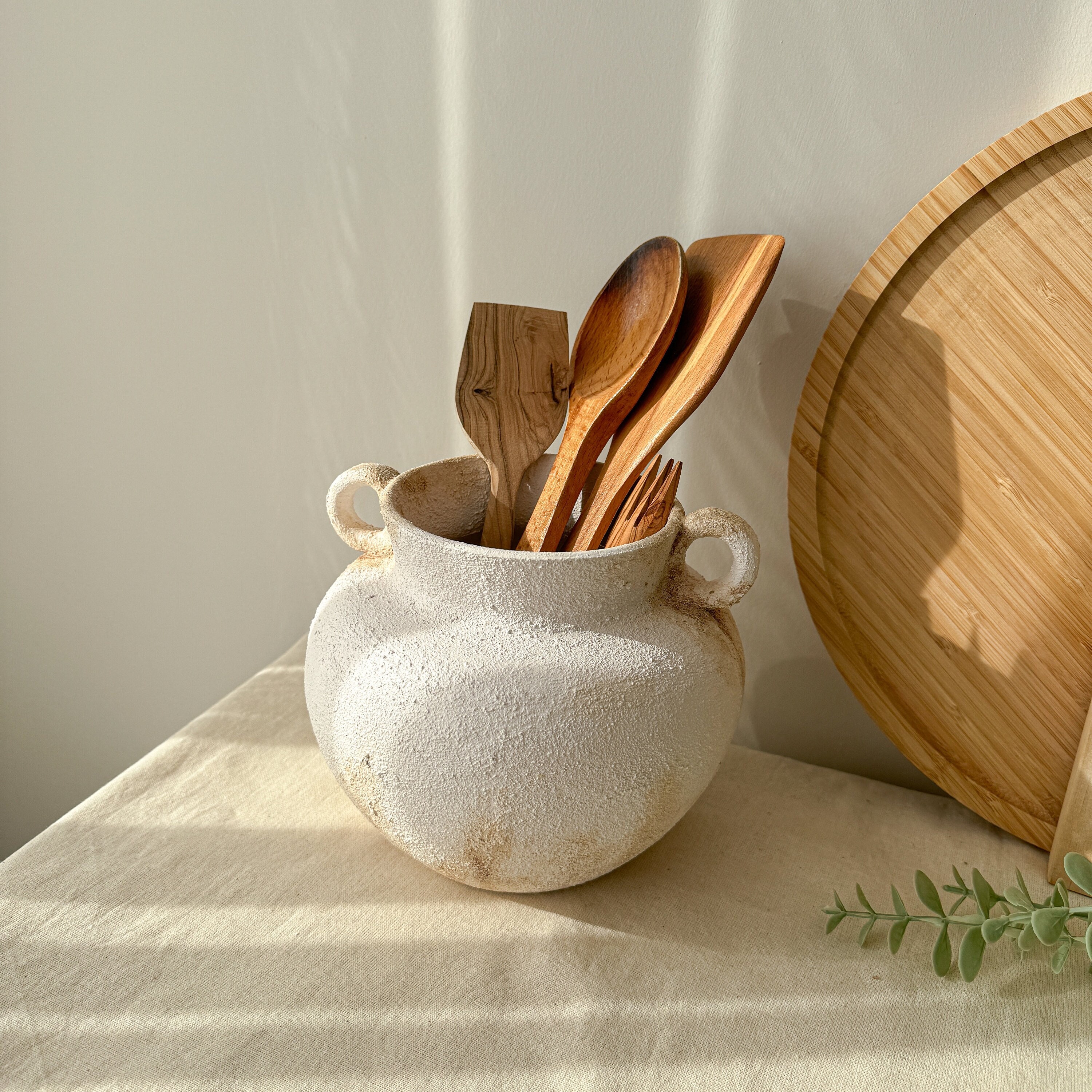 Rustic Kitchen Utensil Holder, White Textured Ceramic Vase, Handled Crock, Spoon Pottery New Home Gift