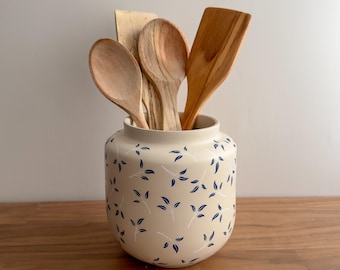 Ceramic Kitchen Utensil Holder, Handpainted Spoon Holder, Ceramic Vase, Floral Utensil Crock, Housewarming Gift, Kitchen Organizer