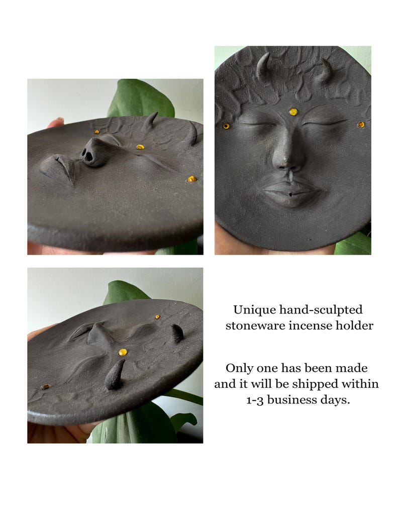 May include: Black stoneware incense holder shaped like a face with closed eyes and a small mouth. The holder has gold accents around the eyes and mouth.