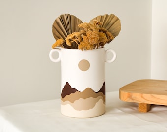 Boho Style Desert Ceramic Utensil Holder, White Flower Vase for Livingroom, Kitchen Crock, Beige Handle Vase