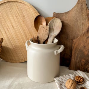 Beige Ceramic Utensil Holder, Kitchen Crock, Minimalist  Ceramic Vase, Handled Spoon Holder, Handmade Utensil Crock, Housewarming Gift