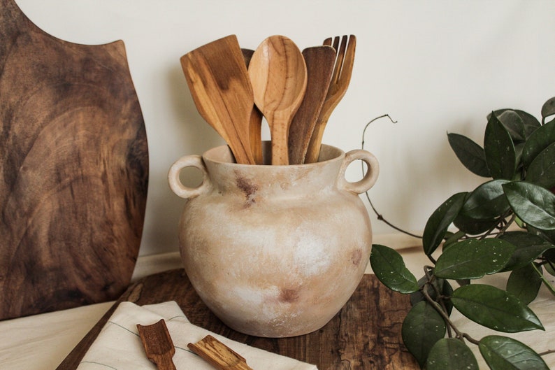 Rustic Utensil Holder, Vintage Handle Ceramic Vase, Kitchen Crock, Nordic Style Vase, Housewarming Gift, Antiquing Kitchen Organizer