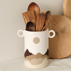 Boho Style Desert Ceramic Utensil Holder, White Flower Vase for ...