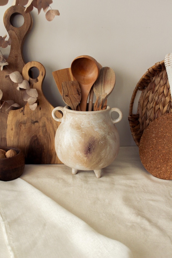 bssmmai Porta utensili da cucina in ceramica per bancone da cucina, 13,4 x 11 cm, portaposate in rilievo, per cucina, piano di lavoro, superficie smaltata lucida
