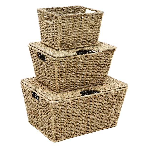 Seagrass Storage Baskets Set of 3 Rectangular Lidded Storage Basket SeaGrass Rectangle Multipurpose Kitchen Bathroom With Insert Handles