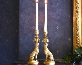 Set of Two Gold Leopard Candlesticks