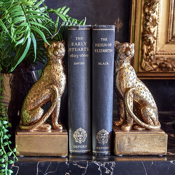 Art Deco Style Black & Gold Leopard Bookends