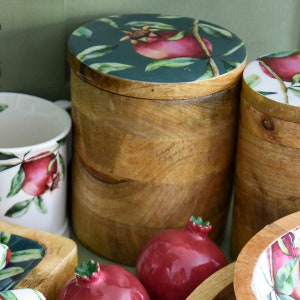 Large Storage Jar Mango Wood with Enamel Inlay Pomegranate - Green