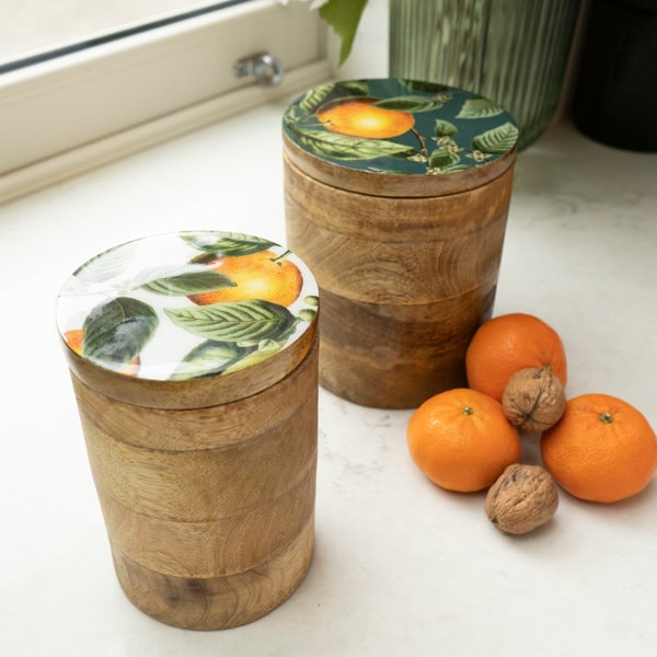 Large Storage Jar Mango Wood with Enamel Inlay Orange Blossom - Green