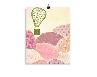 Air Balloon Hills Mixed Media Poster Peach Green Rose