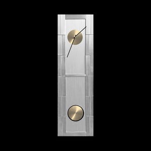 May include: A silver and gold modern clock with a rectangular face and two round accents. The clock has a black hour and minute hand.