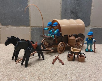 Playmobil, Klicky, Geobra, chariot bâché vintage avec des gens du Nord