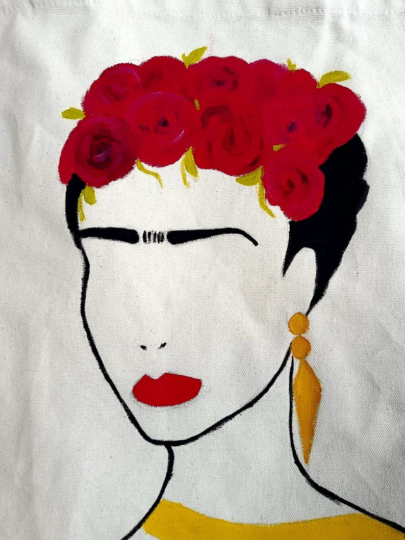 May include: A painting of a woman with a red rose crown, black hair, and a yellow necklace. The woman has a red lip and a gold earring.