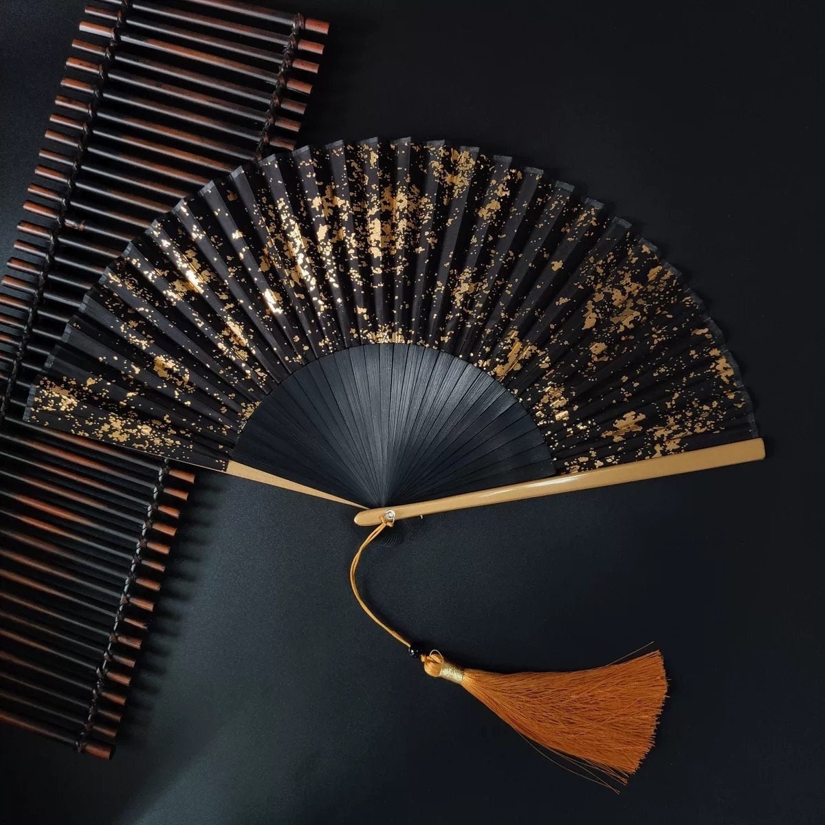 Gold Black Bamboo Hand Folding Fan Hand Fan Fold Fan Etsy Australia