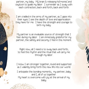以下が含まれることがあります： 水彩画のイラストで、金色のアクセントと「パートナーバーススクリプト」というテキストが書かれています。テキストは、出産中のパートナーの気持ちを説明し、サポートとつながりの重要性を強調しています。