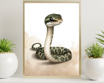 Lámina de acuarela de serpiente bebé, arte infantil con animales del zodiaco (descarga digital)