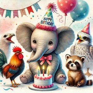 May include: A gray elephant wearing a pink and white party hat with the words "Happy Birthday" on it. The elephant is holding a white cake with pink frosting and three lit candles. There is a rooster, a raccoon, and a bird in the background.