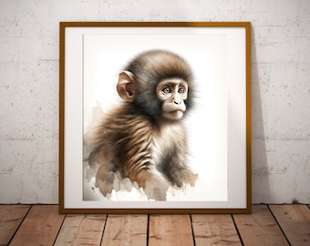 Baby Monkey Zodiac Animal Watercolor Art Print Monkey Painting Wall Art Poster Gift for Nursery Home Decor