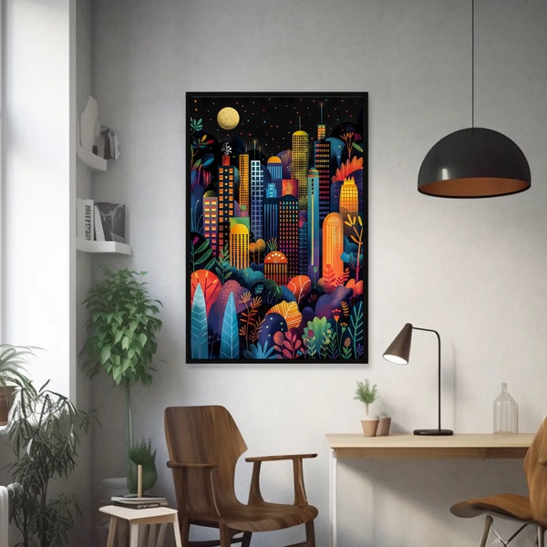 Modern Cityscape Wall Art, Urban Jungle, Framed Canvas Print for Home or Office, Original Modern Contemporary Art- Urban Oasis by Durazza