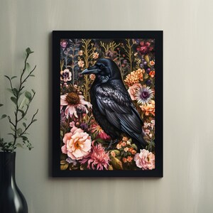 Raven Blossoms Wall Art Piece on Canvas Gallery Wrap or Satin Art Paper: Gothic Cottagecore Decor, Dark Elegant Flowers, Raven Illustration