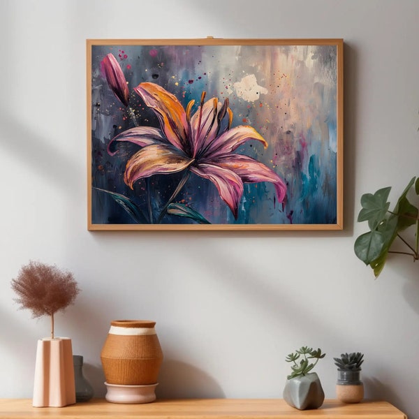 Pink Floral Wall Art, Abstract Lily Painting for Purple Modern Wall Decor, Contemporary Botanical Framed Canvas Art | Lily Haven by Durazza