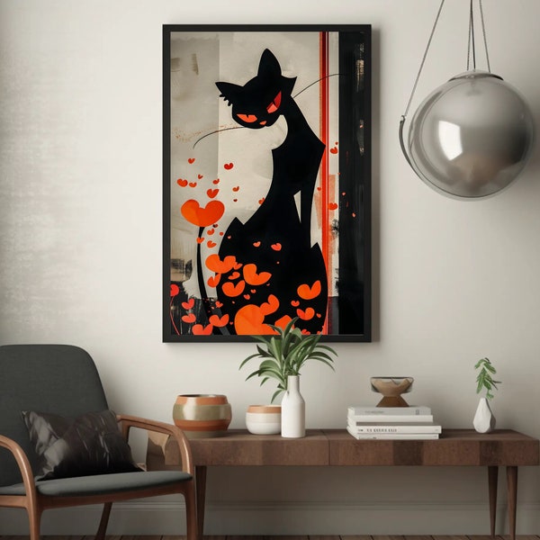Black Cat Art, Contemporary Graffiti Art with a Feline Heart Design, Modern Home Decor for a  Cat Lover Gift | Heartthrob Cat by Durazza