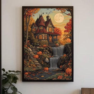 Arte de pared de Acción de Gracias en una casa victoriana, pintura otoñal, obra de arte con calabazas, decoración de Acción de Gracias para el hogar / Refugio otoñal victoriano de Durazza