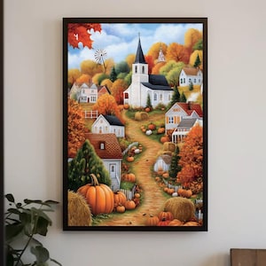 Arte mural de pueblo otoñal, pintura otoñal escénica, decoración rústica de Acción de Gracias para el hogar, póster otoñal / Harvest Glow de Durazza