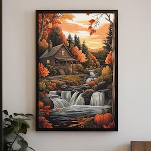 Arte mural de cabaña otoñal, arte natural con cascada para decoración rústica de Acción de Gracias para el hogar, póster de otoño / Cabaña con cascada otoñal de Durazza