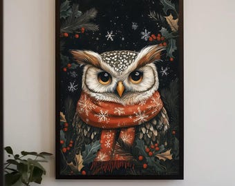 Winter Owl Wall Art: Festive Scarf, Rustic Holiday Decor | Owl&#39;s Winter Tale by Durazza