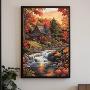Impresión de arte popular de Fall River / Arte mural de Acción de Gracias, pintura de otoño, decoración de Acción de Gracias para el hogar / Vermont Fantasy Cottage de Durazza