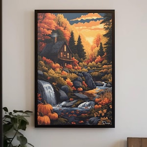 Arte mural con bosque otoñal, pintura otoñal escénica, decoración del hogar para Acción de Gracias, póster otoñal / New Hampshire Haven de Durazza