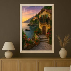 Mediterranean Wall Art with Boats and Sunset, Romantic Fine Art Print for Boho, Coastal or Cottage Decor | Sunset Retreat by Durazza