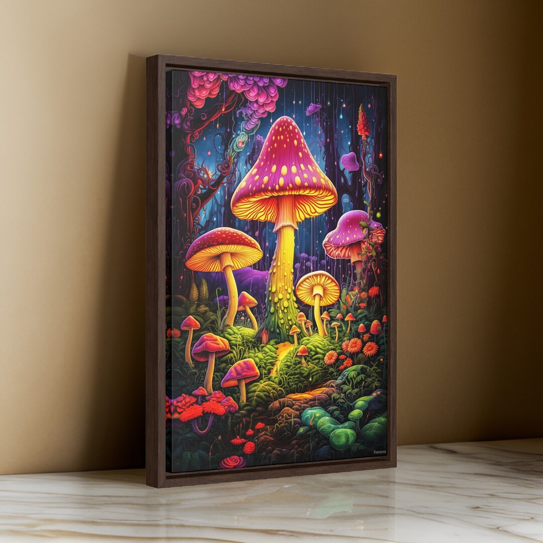 Neon Mushroom Forest Framed Art Print: Whimsical Fungi Wonderland ...
