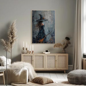 Witch with Broom Art Print: Abstract Gothic Halloween Decor