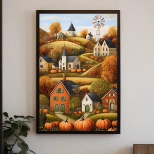 Arte mural de pueblo otoñal, cuadro de cosecha de otoño, decoración rústica de Acción de Gracias para el hogar, póster de otoño / Fall Country Bliss de Durazza